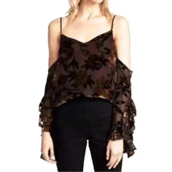 Amanda Uprichard Gianna Cold Shoulder Blouse Silk Velvet Floral Ruffle Blouse - Picture 1 of 13